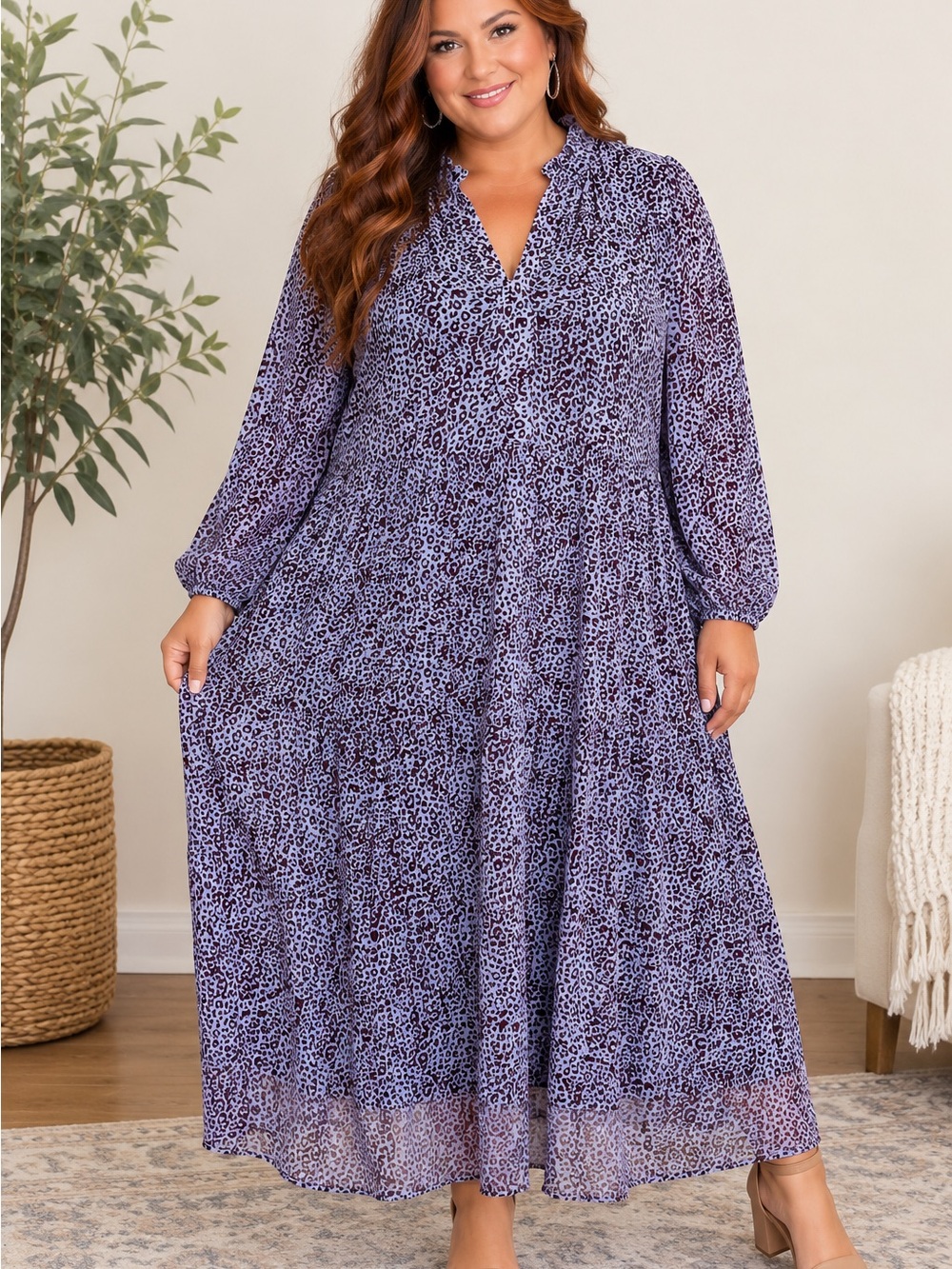 Terra & Sky Blue Leopard Print Tiered Maxi Dress